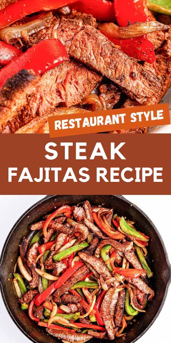 steak fajitas recipe in a skillet with peppers and onions on the side