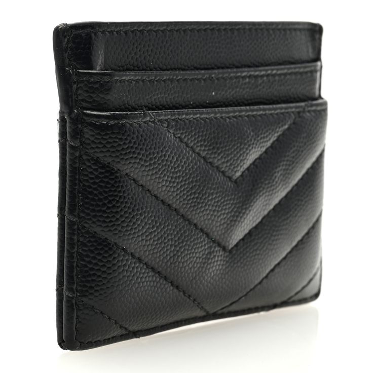 This is an authentic SAINT LAURENT Grain De Poudre Matelasse Chevron Monogram Credit Card Case in Black. This chic wallet is crafted of grained calfskin leather in black. The case features a prominent silver YSL logo, has multiple credit card slots, and opens to a black leather interior. Ysl Logo, Saint Laurent Wallet, Leather Interior, Card Case, Card Slots, Calf Skin, Slots, Saint Laurent, Grain