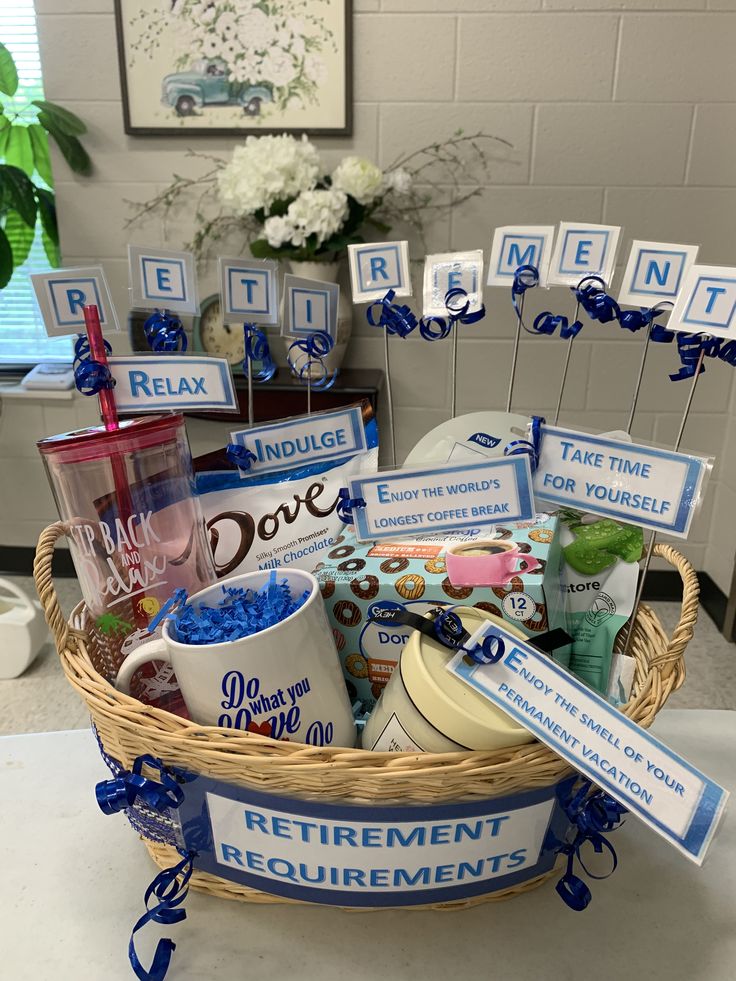 a basket filled with coffee cups and other items on top of a table in front of a sign