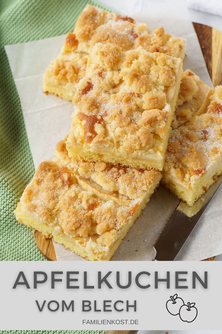 three pieces of apple cake on top of a cutting board with a knife next to it