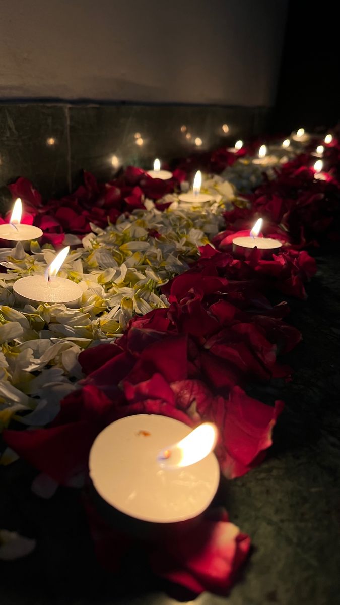 many lit candles are lined up on the floor with red and white petals around them