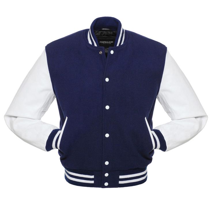 a blue and white varsity jacket with two tone sleeves on the left side, front view