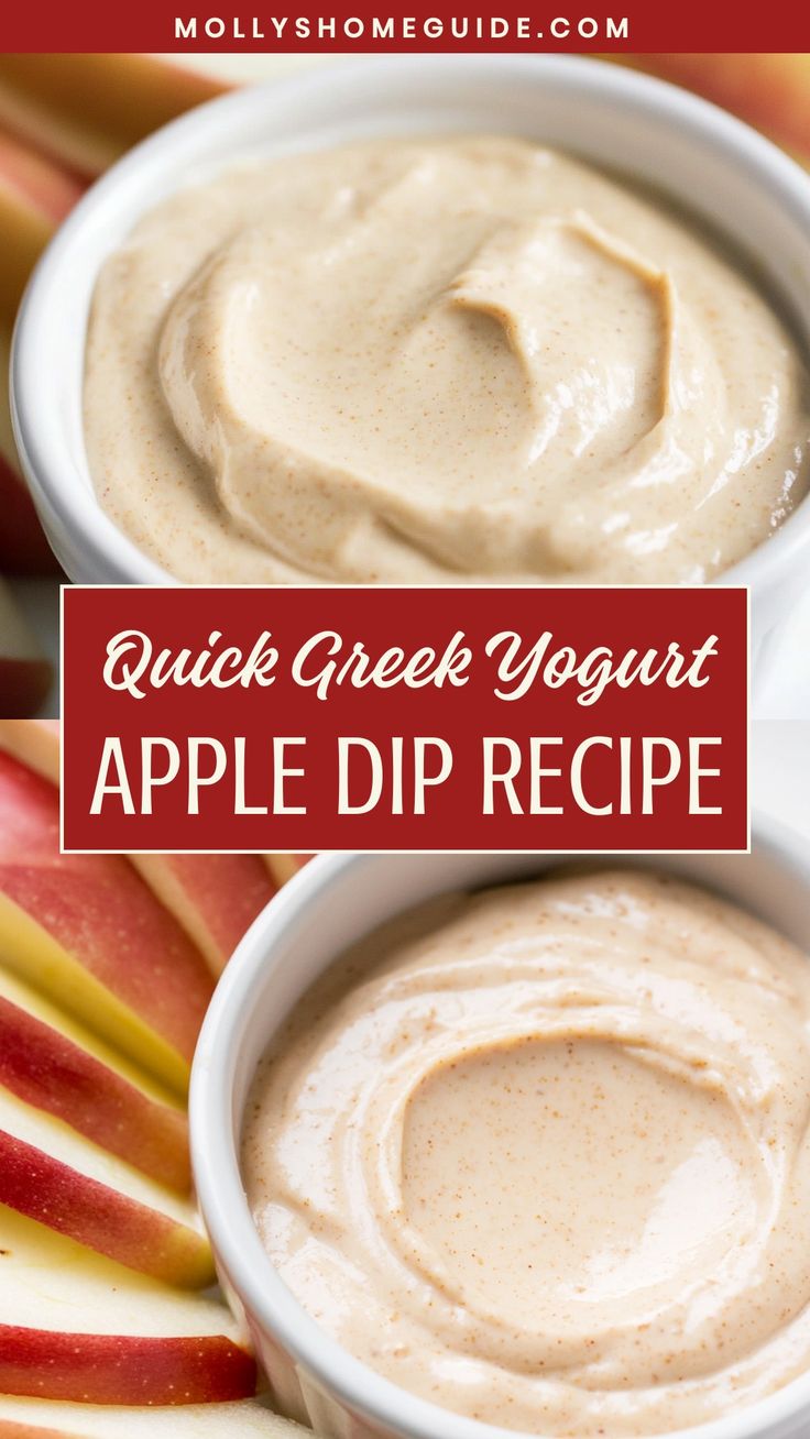 an apple dip recipe with apples in the background and text overlay reading quick greek yogurt apple dip recipe