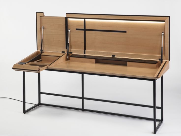 a desk with two open compartments on it