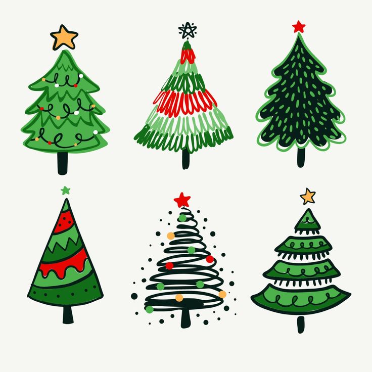 hand drawn christmas trees on white background