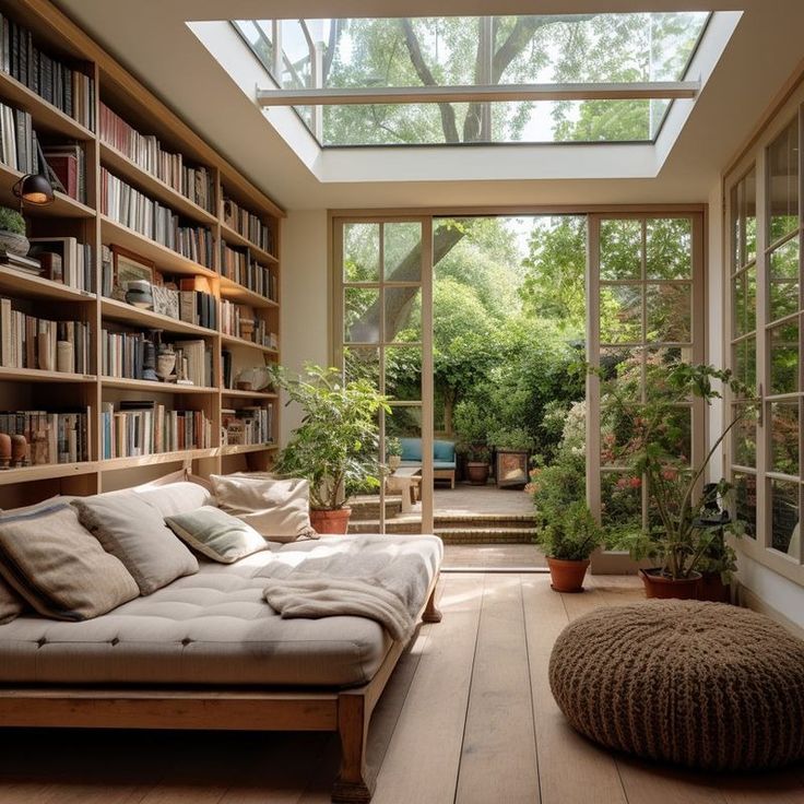 a bed sitting in the middle of a room under a skylight with lots of windows