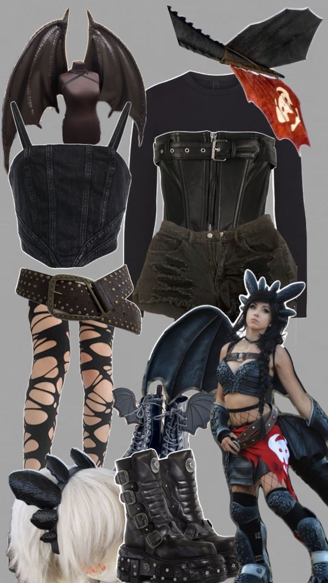 an assortment of goth clothing and accessories including boots, bras, shorts, stockings