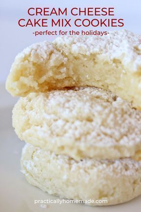 two cream cheese cake mix cookies stacked on top of each other with the words perfect for the holidays