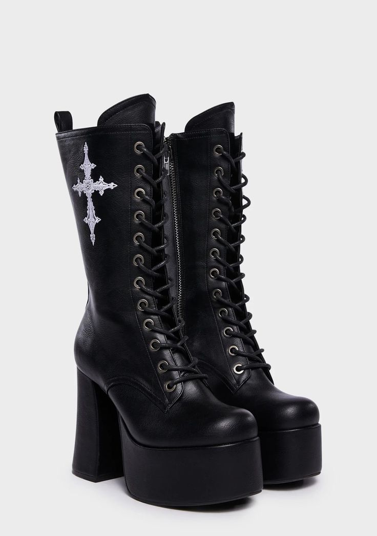 Goth Heel Boots, Gothic Heels, Goth Heels, Boots Goth, Goth Shoes, Goth Boots, Gothic Boots, Demonia Shoes, Embroidered Cross