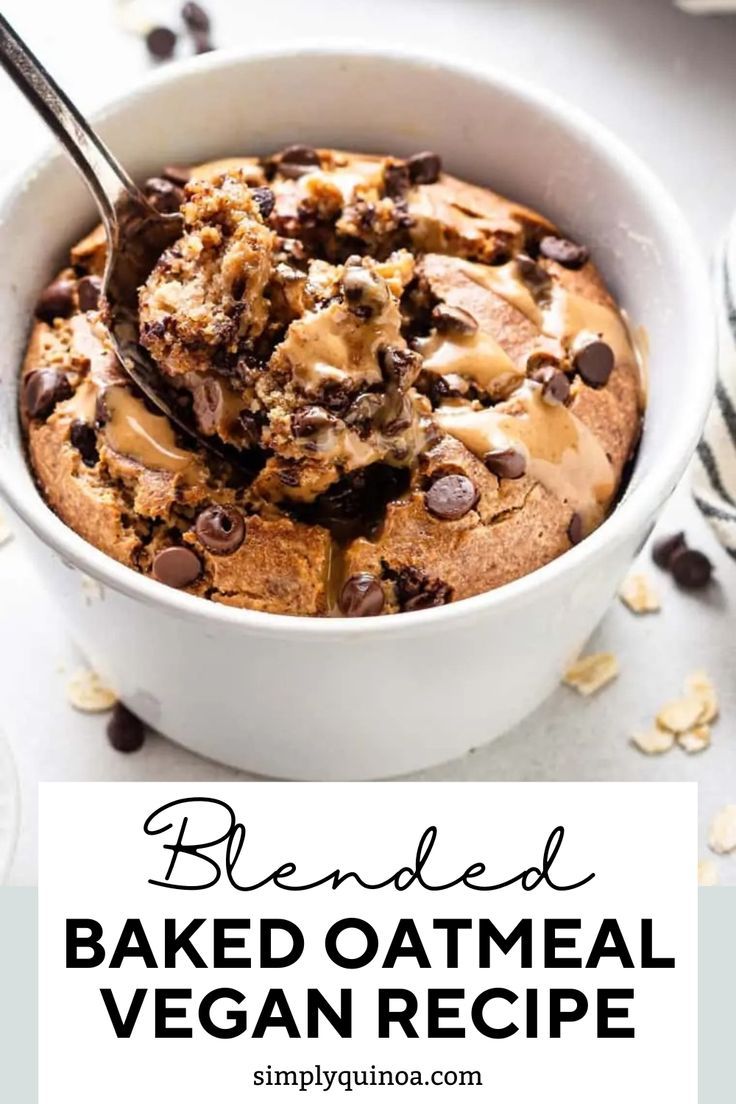 a bowl filled with baked oatmeal and topped with chocolate chips on top