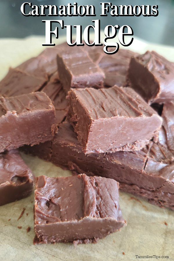 chocolate fudge is cut into squares and stacked on top of each other with the words, carnation famous fudge