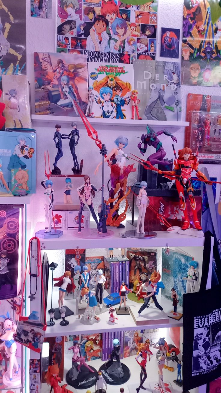 there are many anime figurines on the shelves