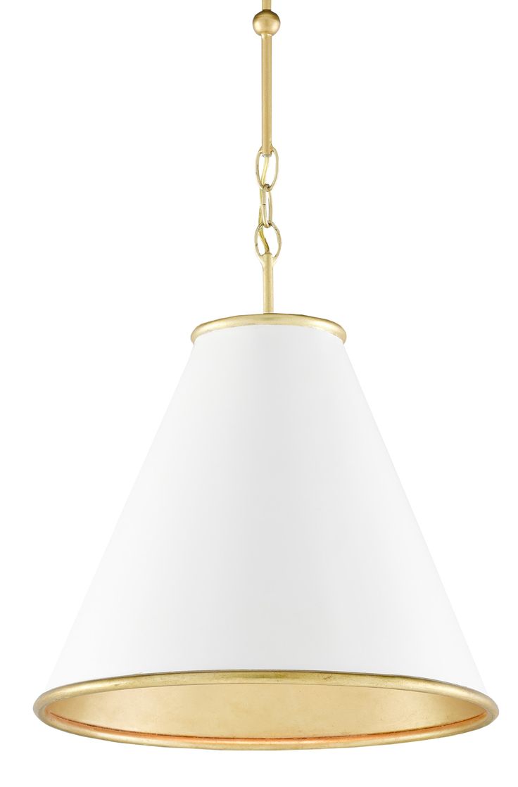 a light fixture with a white shade hanging from it's side and a gold chain