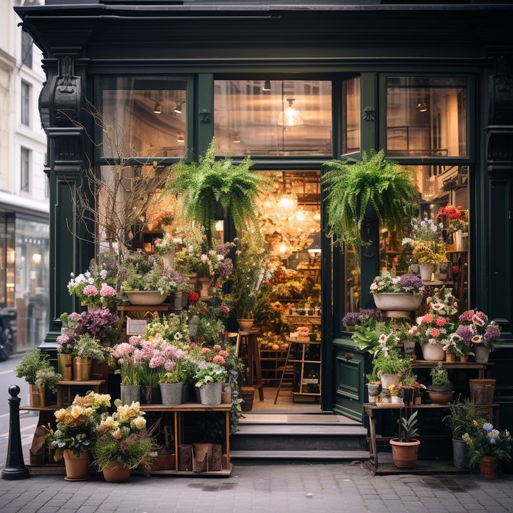 a flower shop with lots of potted plants outside