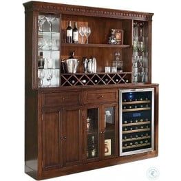 a wooden cabinet with wine glasses and bottles