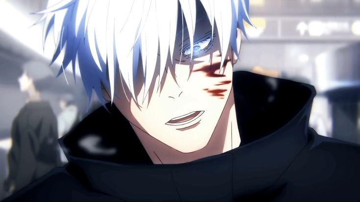 an anime character with white hair and blue eyes wearing a black hoodie looking at the camera