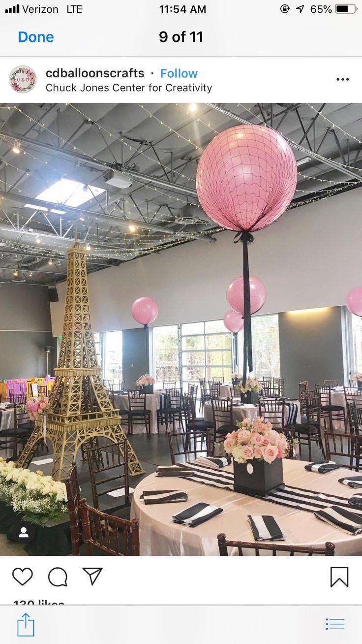 the eiffel tower is decorated with pink and white balloons for an elegant event