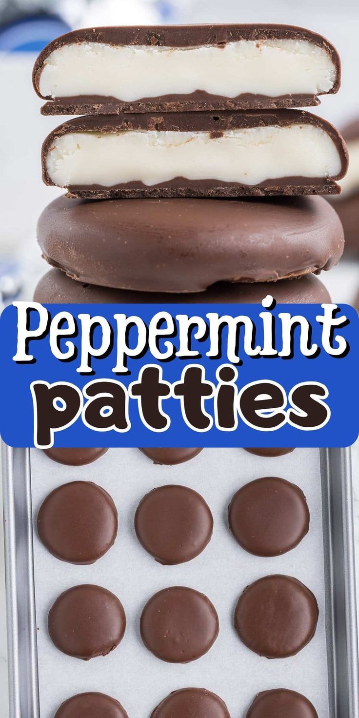 chocolate covered ice cream sandwiches stacked on top of each other with the words peppermint patties above them