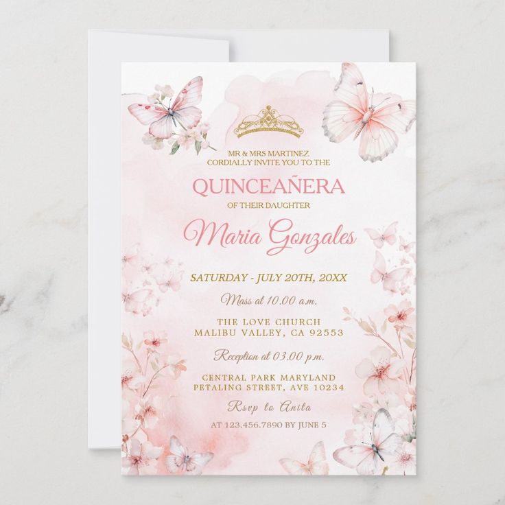 a pink and white wedding card with butterflies on it, featuring the words quinceanera