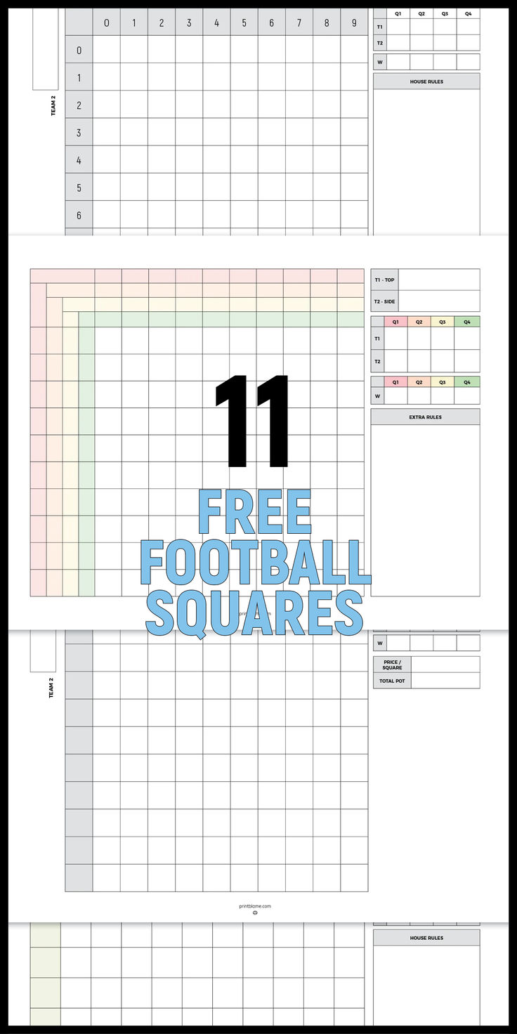 A printable football squares sheet with a 10x10 grid, spaces for team names, quarter tracking, and a section for house rules and game details. Printable Football Squares, Football Squares Template, Football Party Games, Superbowl Squares, Football Squares, Pot Making, Free Football, Super Bowl Party, Football Party