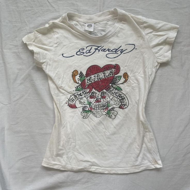 Cybery2k bedazzled Ed Hardy baby tee. Tattoo... - Depop Tattoo Skeleton, Mcbling Fashion, Skeleton Graphic, 2000s Clothes, 2000s Grunge, Fits Clothes, 2000s Fashion Outfits, Baby Phat, Y2k Outfits