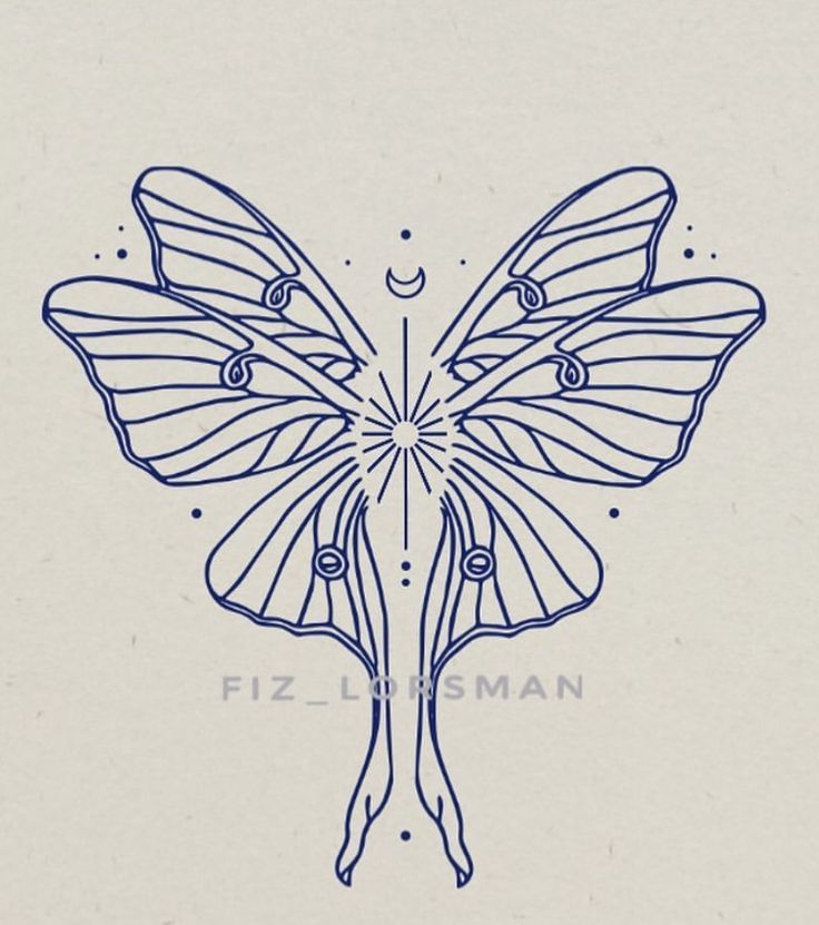 a blue and white drawing of a butterfly on a piece of paper with the words fiz - saman written below it