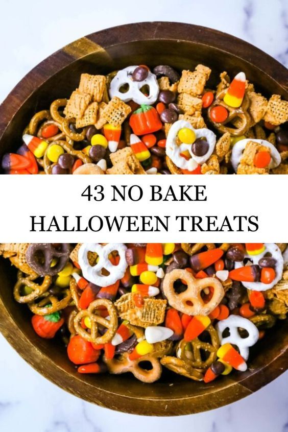 a bowl full of halloween treats with the words, 43 no bake halloween treats