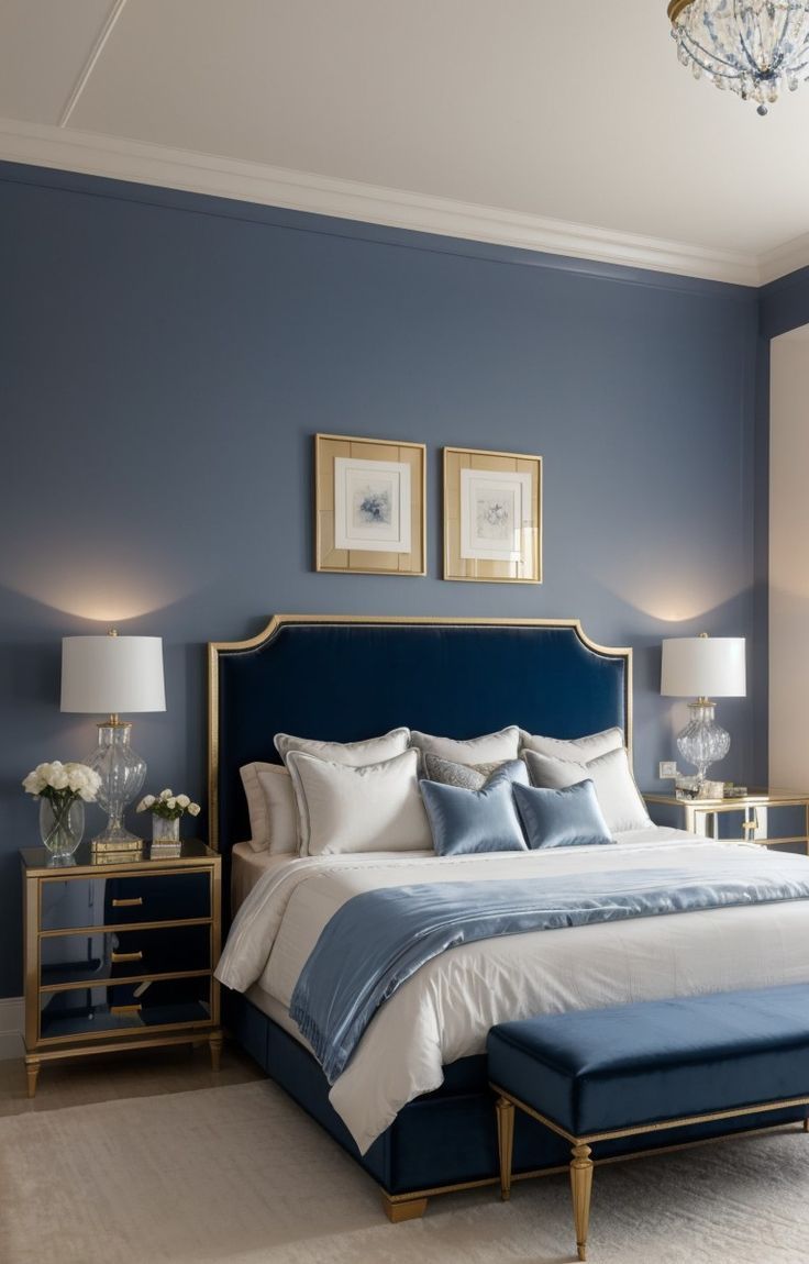 a bedroom with blue walls, white bedding and two lamps on either side of the bed