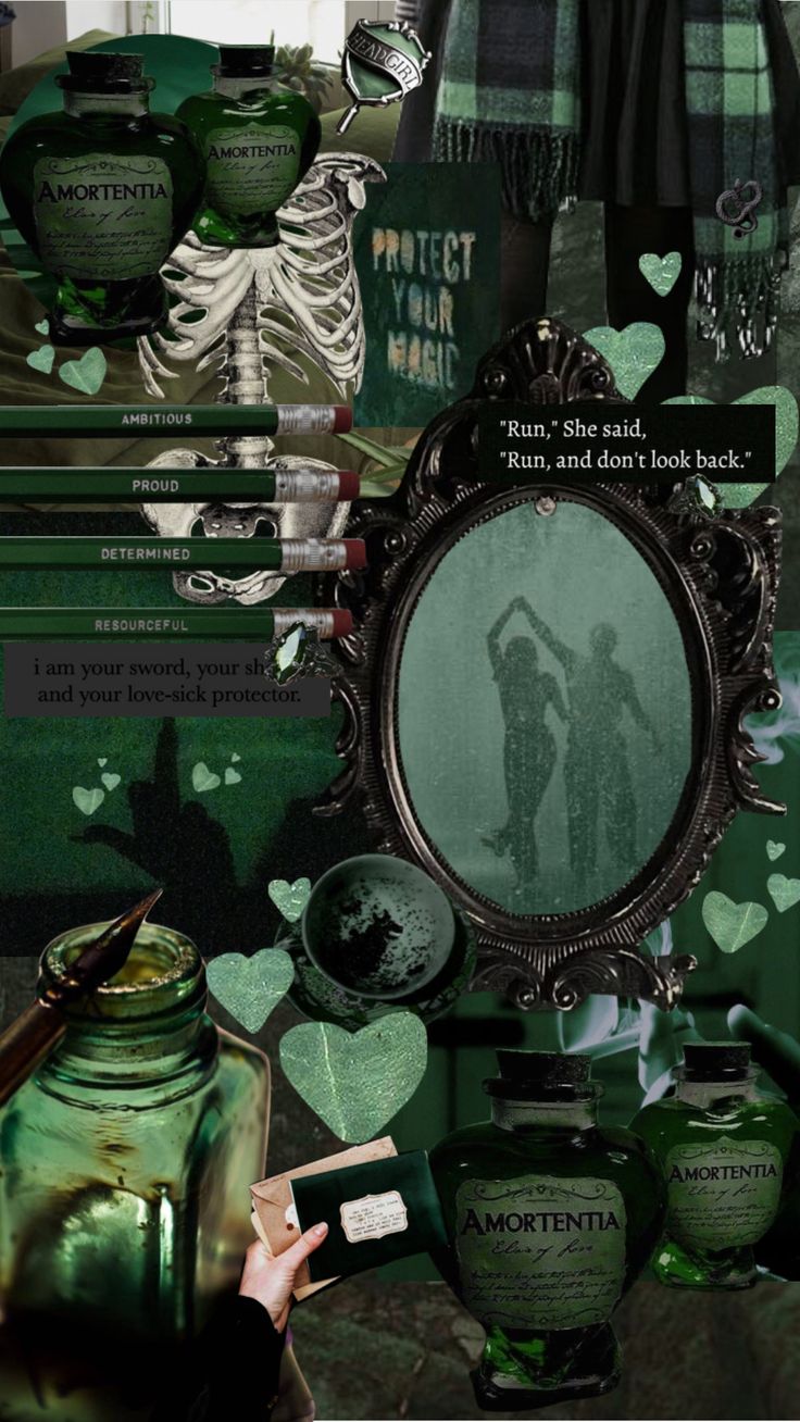 a collage of green and black items including jars, mirrors, and other things