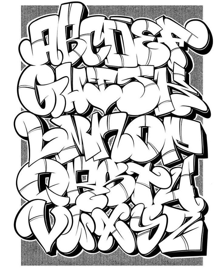 the word graffiti is drawn in black and white