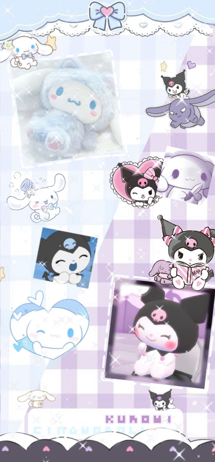 an image of some cute stuff animals on a purple and white checkered tablecloth