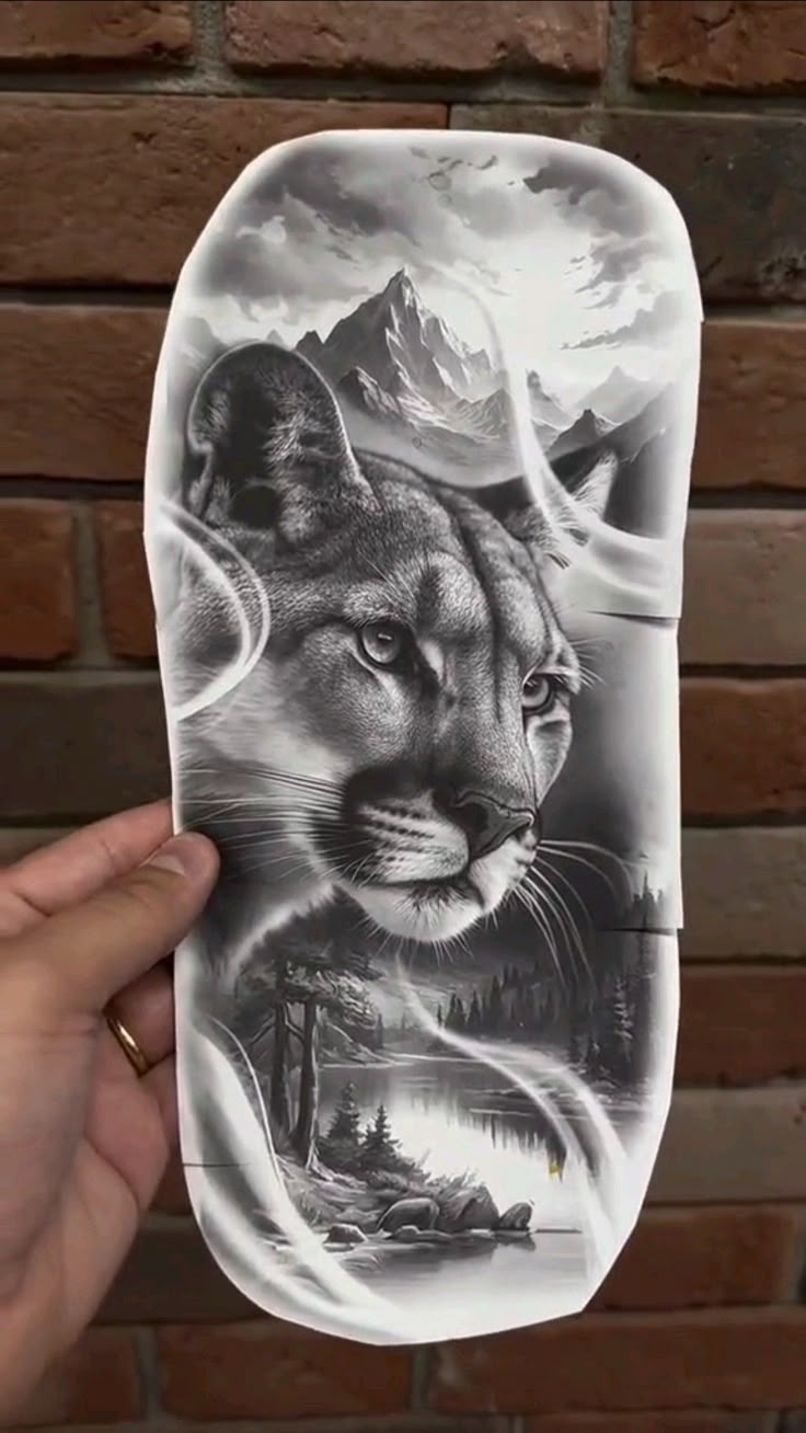 a hand holding up a sticker with a mountain lion on it's face