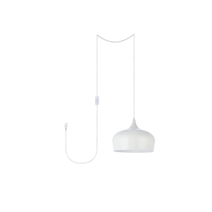 a white light hanging from the ceiling next to a cord and plugged into an outlet