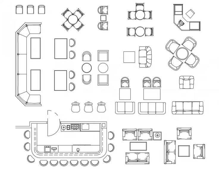 the top view of a living room and dining room furniture set, including couches, chairs