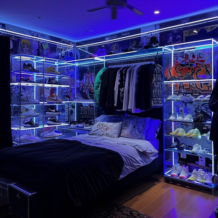 a bedroom with blue lighting and lots of shoes on the shelves in front of the bed