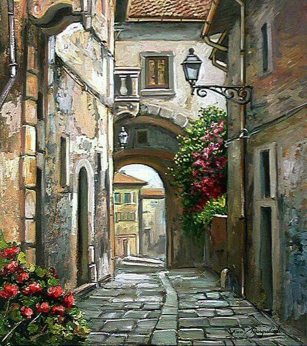 a painting of an alley way with flowers