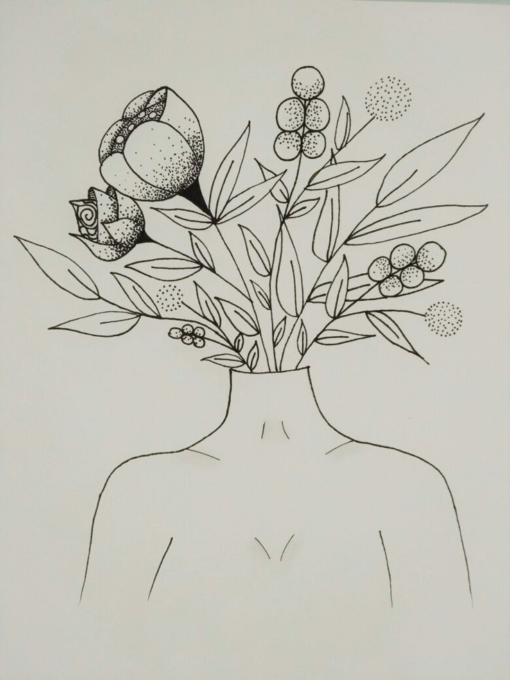 a black and white drawing of a vase with flowers in it's head on a table