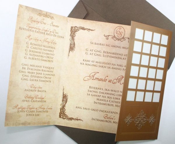 the inside of a wedding card with an image of a cross and window on it