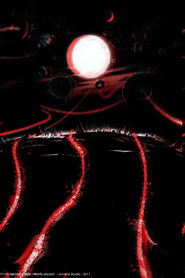 the light is shining brightly in the dark night sky over an area with red and black swirls