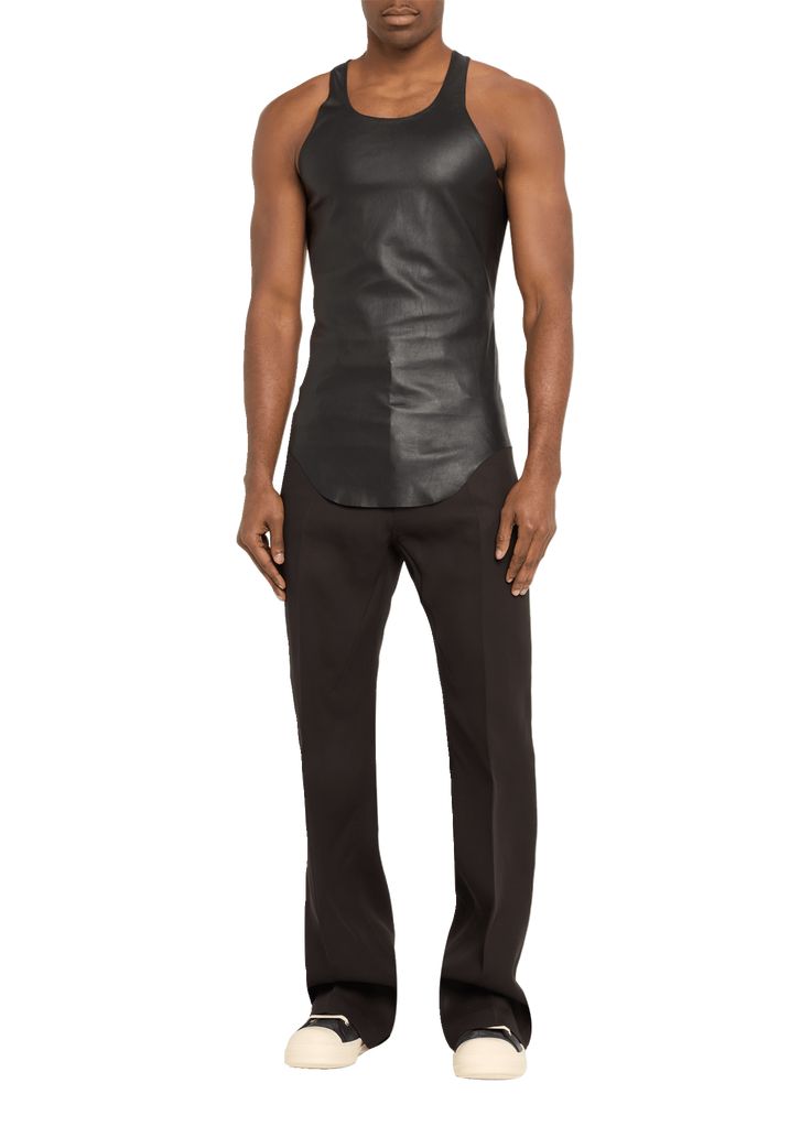 Find RICK OWENS Stretch Leather Tank Top on Editorialist. Rick Owens tank top in solid stretch leather Scoop neckline Sleeveless Slim fit Shirttail hem Pullover style Leather/cotton/spandex Professional cleaning recommended Made in Italy Black Leather Sleeveless Top, Fitted Leather Casual Vest, Chic Fitted Leather Vest, Casual Fitted Leather Vest, Sleeveless Leather Top For Night Out, Modern Black Fitted Vest, Modern Fitted Black Vest, Chic Fitted Leather Top, Edgy Sleeveless Tops For Workwear