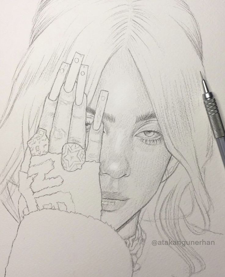 a pencil drawing of a woman holding her hand up to her face with both hands