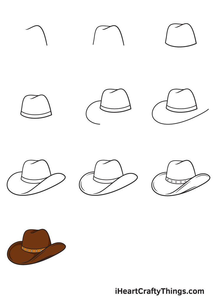 six hats with different shapes and sizes to draw in the style of cowboy's hats