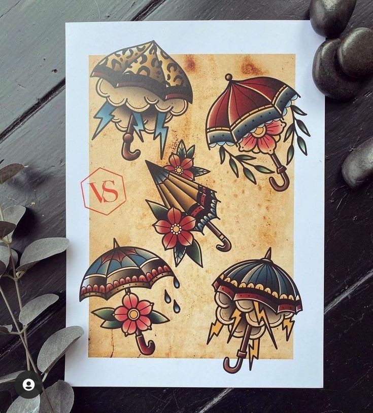 an old school tattoo design with umbrellas, flowers and raindrops on it