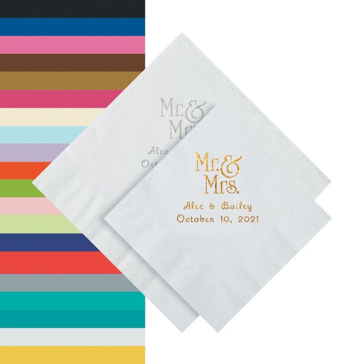 two wedding napkins on top of each other with different colors and patterns in the background