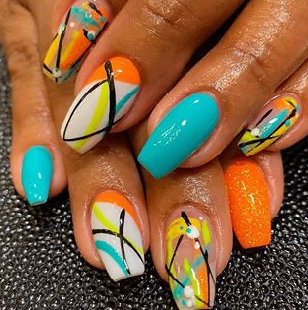 Coffin Style Nails Spring, Wild Nail Designs Fun, Tabitha Brown Nails, Summer Fun Nails Designs, Cute Neon Nail Ideas, African Nail Art Design, Abstract Nail Art Designs, Hot Summer Nails, Do It Yourself Nails