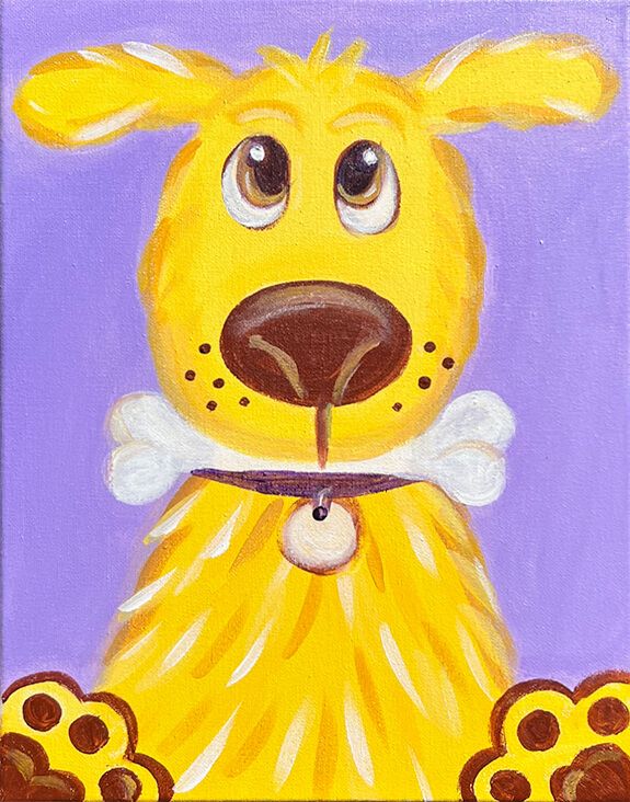 a painting of a yellow dog with bones on it's collar and nose, in front of a purple background