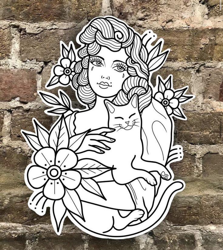 a sticker depicting a woman holding a cat with flowers in her hand on a brick wall