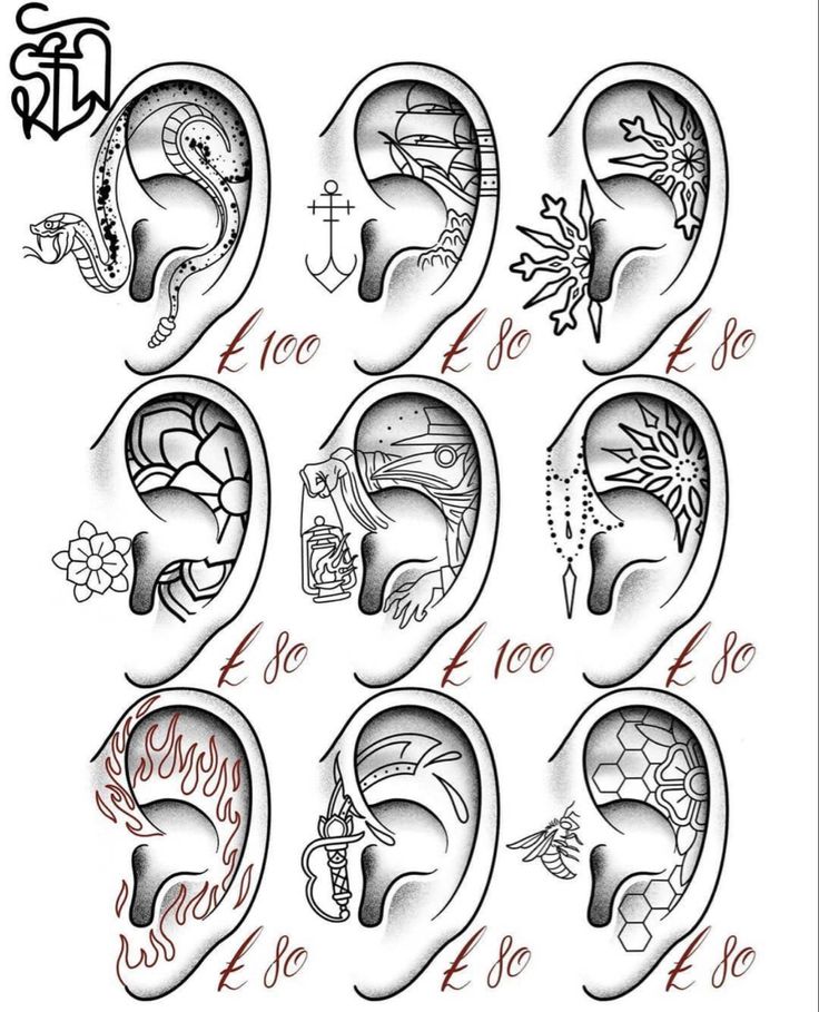 the different types of ear tattoo designs for men and women, all in black and white