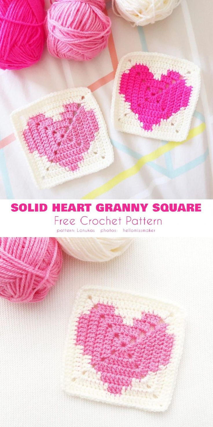 crochet heart granny square is shown in pink and white