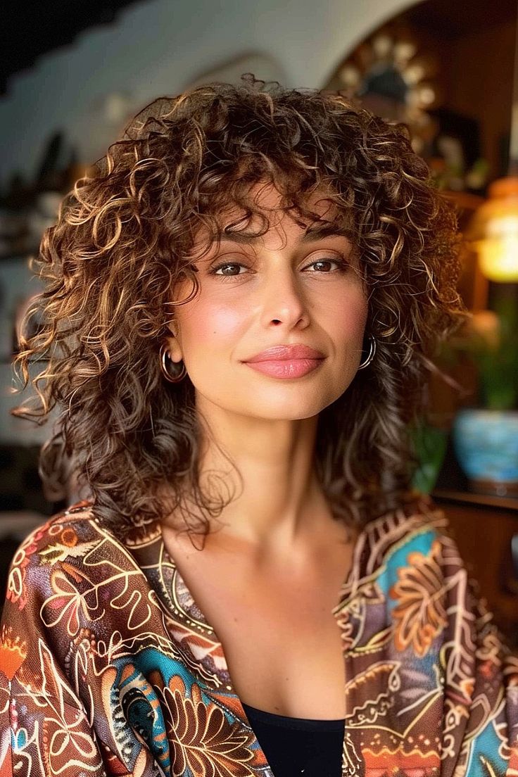 The Best Curly Haircuts with Bangs Subtle Bangs Curly Hair, 2c Curly Hair With Bangs, Layered Curly Haircuts Natural Curls With Bangs, Shoulder Curly Haircuts, Curly Bangs Black Women, Side Bangs Curly Hair Natural Curls, Curly Hair With Fringe Bangs, Curly Haircut With Bangs, Wispy Bangs Curly Hair